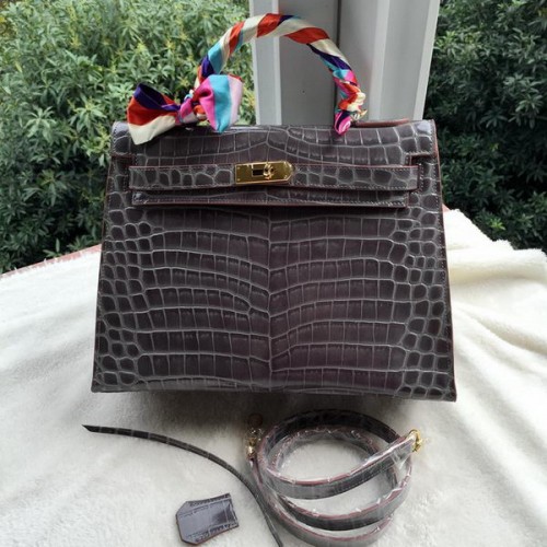 Hermes Kelly 32cm Bolso de Hombro Croco Cuero K32CO Gris