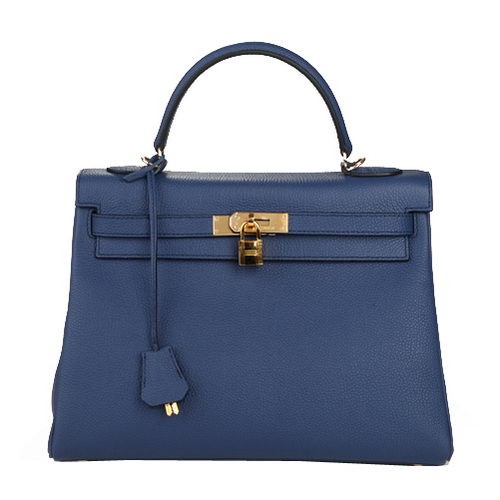Hermes Kelly 32cm Bolso de Hombro Azul Oscuro Cuero Original K32 Oro