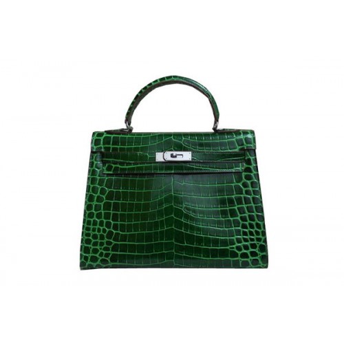 Hermes Kelly 32cm Bolso de Hombro Croco Verde Charol K32 Plata
