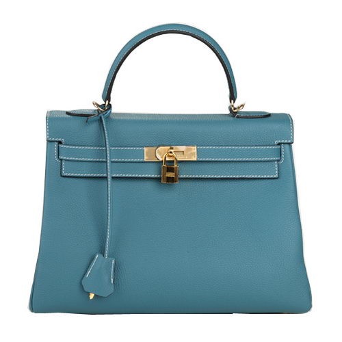 Hermes Kelly 32cm Bolso de Hombro Azul Claro Cuero Original K32 Oro