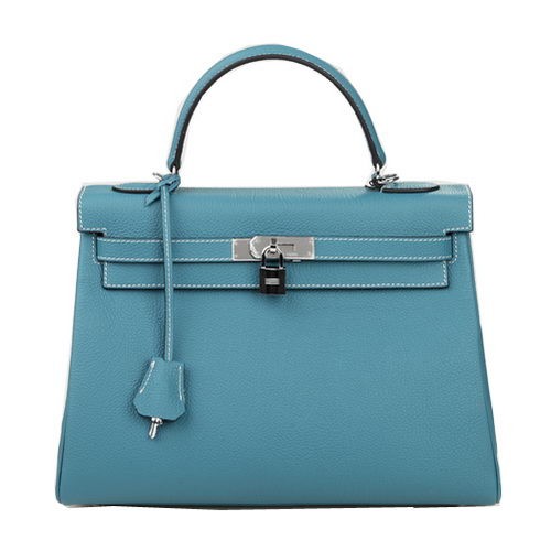 Hermes Kelly 32cm Bolso de Hombro Azul Claro Cuero Original K32 Plata