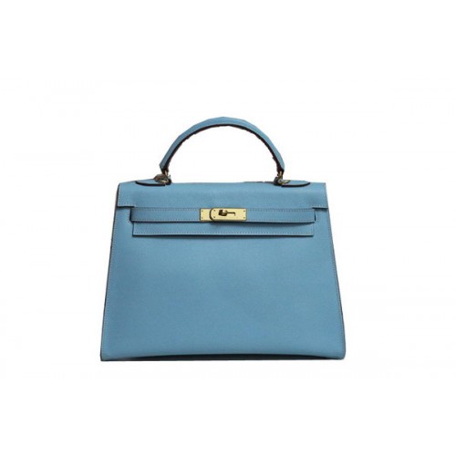 Hermes Kelly 32cm Bolso de Hombro Azul Claro Saffiano Cuero K32 Oro