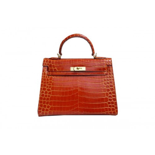 Hermes Kelly 32cm Bolso de Hombro Naranja Croco Charol K32 Oro