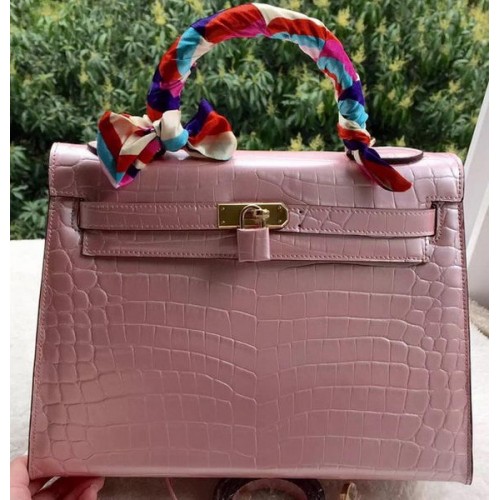 Hermes Kelly 32cm Bolso de hombro Pink Croco Leather K32CL Oro