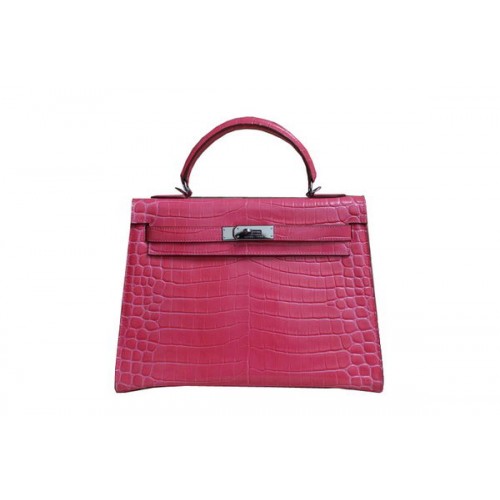 Hermes Kelly 32cm Bolso de hombro Pink Croco Charol K32 Plata