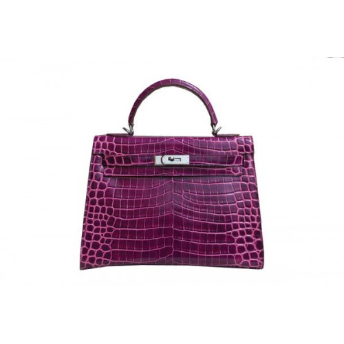 Hermes Kelly 32cm Bolso de Hombro Púrpura Croco Charol K32 Plata