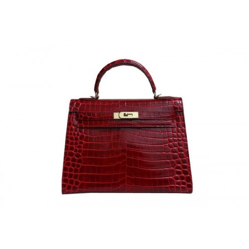Hermes Kelly 32cm Bolso de Hombro Croco Rojo Charol K32 Oro