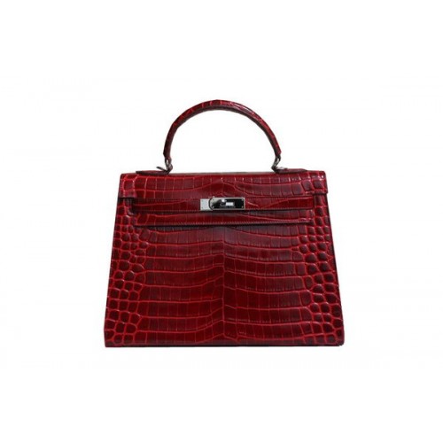 Hermes Kelly 32cm Bolso de Hombro Croco Rojo Charol K32 Plata