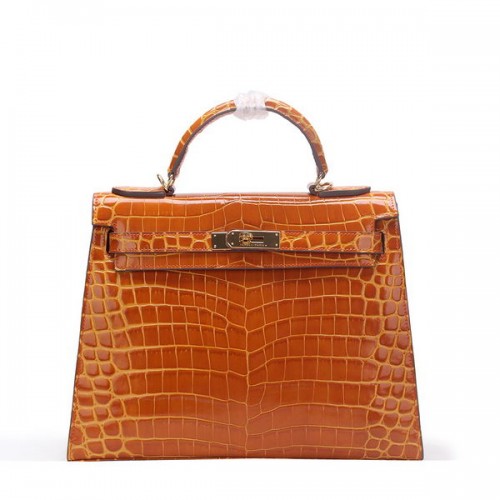 Hermes Kelly 32cm Bolso de Hombro Trigo Croco Charol K32 Oro