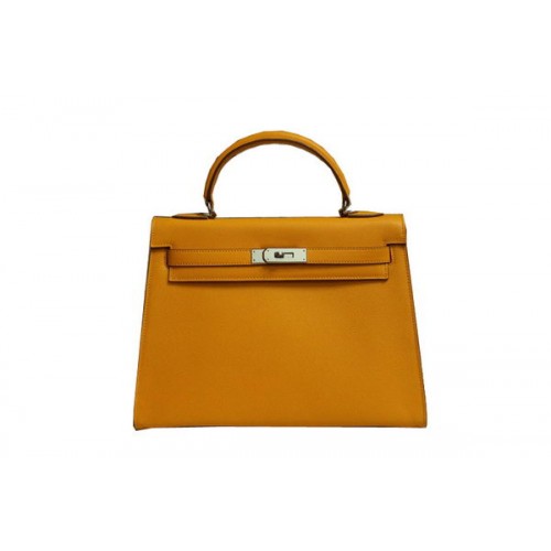 Hermes Kelly 32cm Bolso de Hombro Amarillo Cuero Saffiano K32 Plata