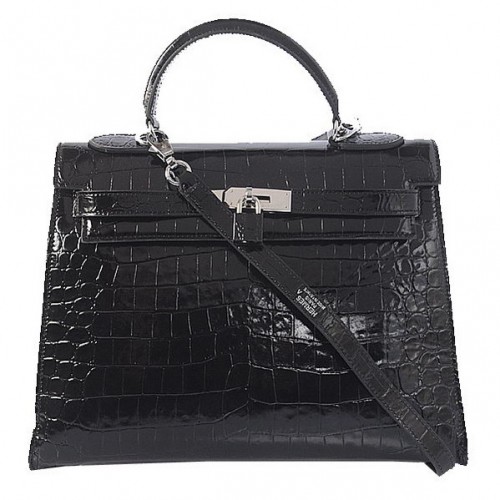 Hermes Kelly 32cm Bolsos de Hombro Negro Iridiscente Croco Cuero Plata
