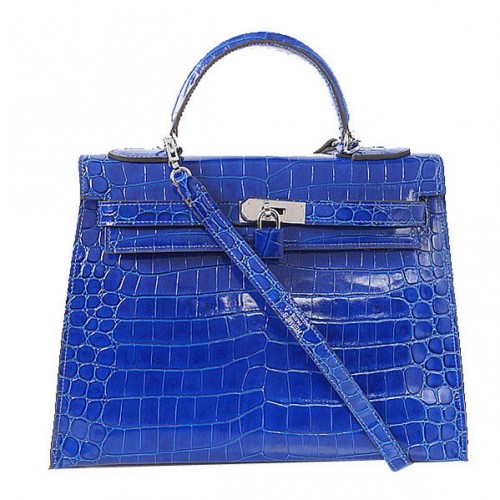 Hermes Kelly 32cm Bolsas de Hombro Azul Iridiscente Croco Cuero Oro