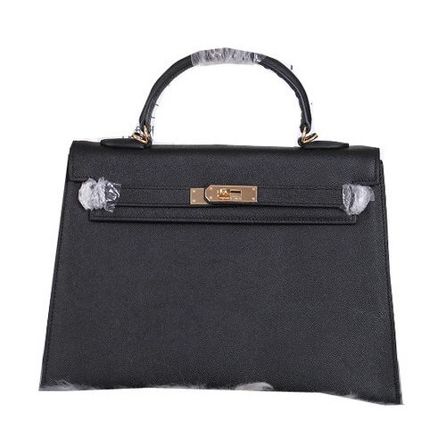Hermes Kelly 32cm Bolsos de Hombro Cuero Granulado Negro