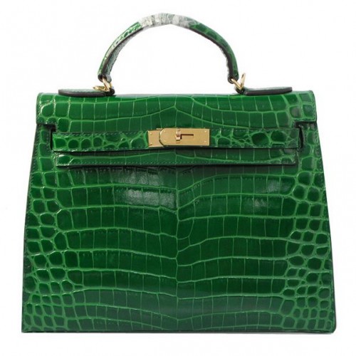 Hermes Kelly 32cm Bolsos de Hombro Verde Iridiscente Croco Cuero Oro
