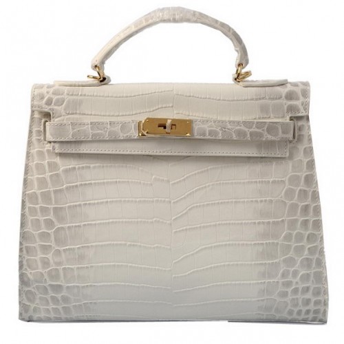Hermes Kelly 32cm Bolsos de Hombro OFFWhite Croco Cuero Oro