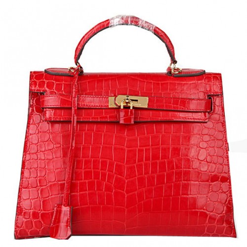 Hermes Kelly 32cm Bolsos de Hombro Rojo Iridiscente Croco Cuero Oro
