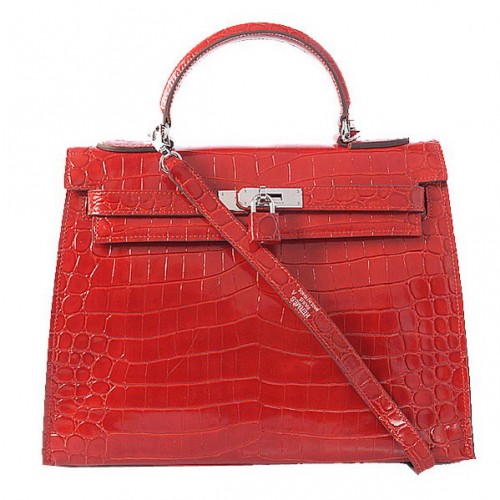 Hermes Kelly 32cm Bolsos de Hombro Rojo Iridiscente Croco Cuero Plata