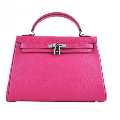 Hermes Kelly 32cm Bolsos de Hombro Rosy Granulado Cuero Plata