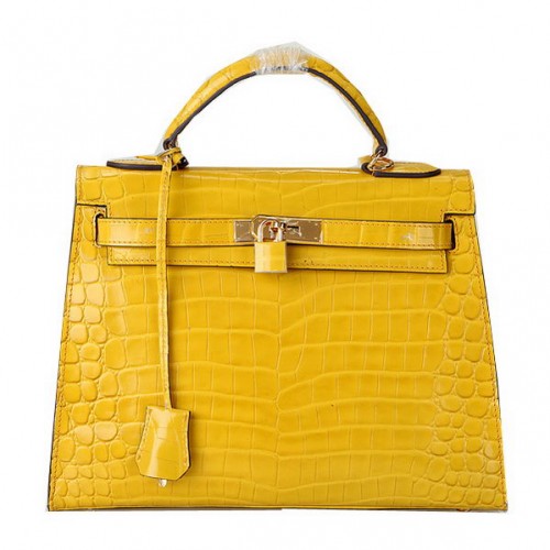 Hermes Kelly 32cm Bolsos de Hombro Amarillo Iridiscente Croco Cuero Oro