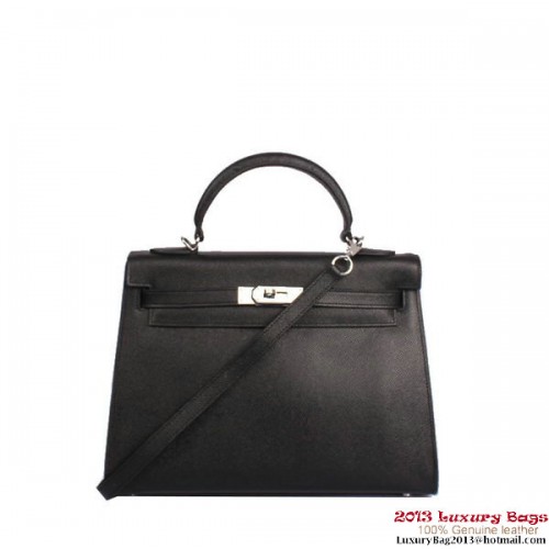 Hermes Kelly 32cm Top Handle Bag Negro Togo Cuero Plata