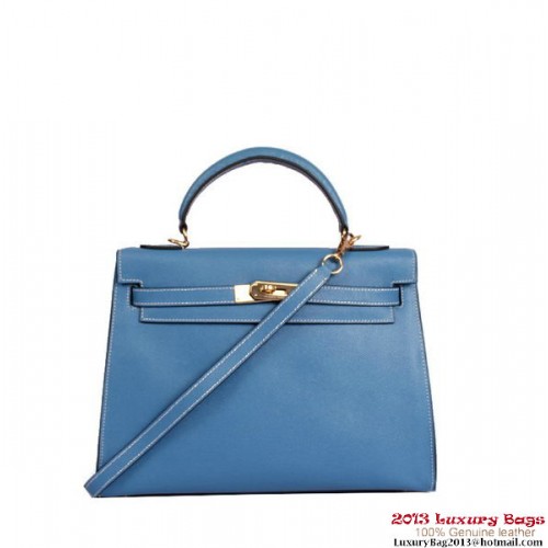 Hermes Kelly 32cm Top Handle Bag Blue Togo Leather Gold