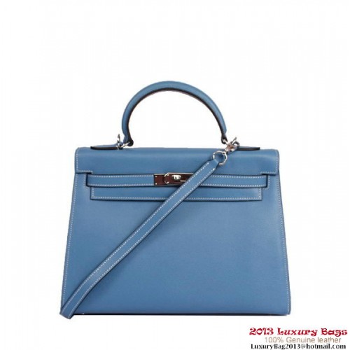 Hermes Kelly 32cm Top Handle Bag Azul Togo Cuero Plata