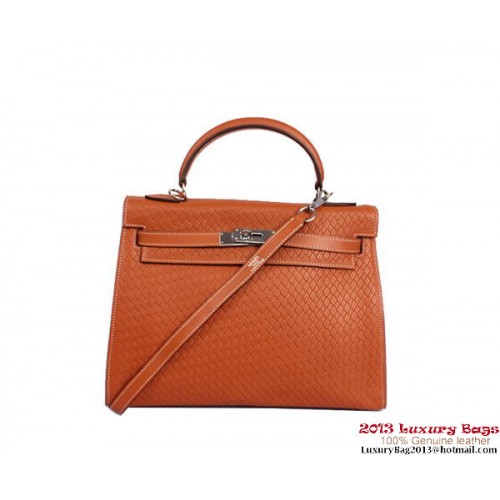 Hermes Kelly 32cm Top Handle Bag Camel Cuero Tejido Plata