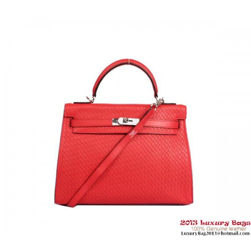 Hermes Kelly 32cm Bolso con asa superior Rojo claro Cuero tejido Plata