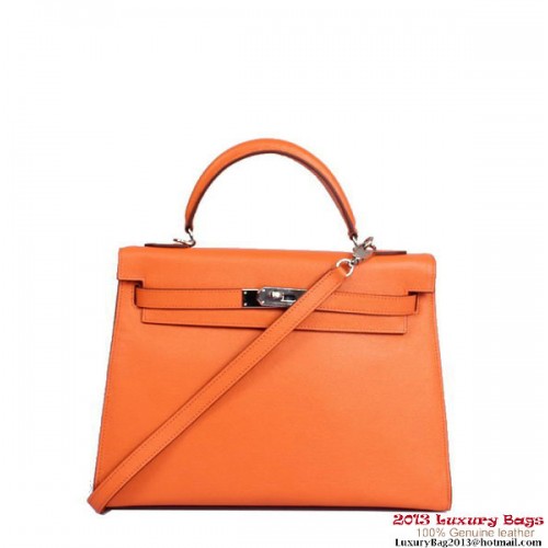 Hermes Kelly 32cm Top Handle Bag Naranja Togo Cuero Plata