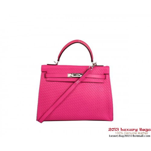 Hermes Kelly 32cm Top Handle Bag Rosy Woven Cuero Plata