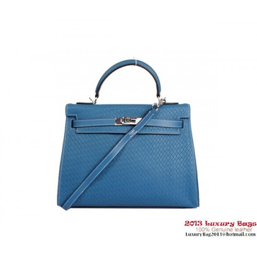 Hermes Kelly 32cm Top Handle Bag Royalblue Woven Cuero Plata