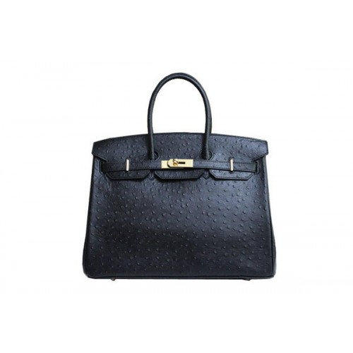 Hermes Kelly 35cm Bolso con asa superior Cuero de avestruz negro Oro