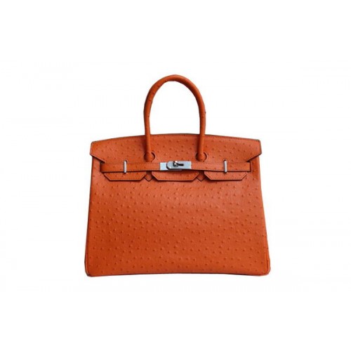 Hermes Kelly 35cm Bolso con asa superior Naranja Cuero de avestruz Plata