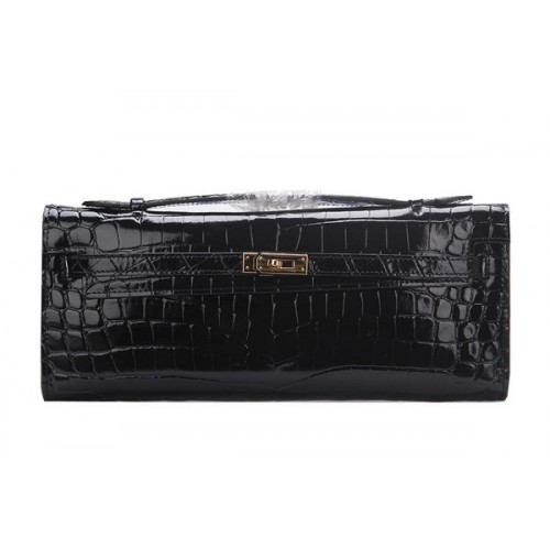 Hermes Kelly Clutch Bag Croco Cuero K1002 Negro