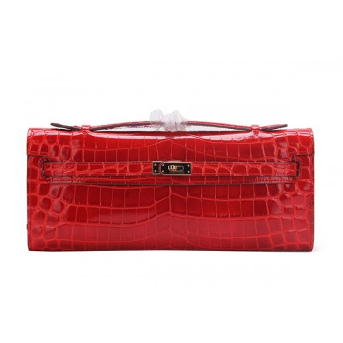 Hermes Kelly Clutch Bag Croco Cuero K1002 Rojo