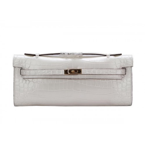 Hermes Kelly Clutch Bag Croco Cuero K1002 Blanco