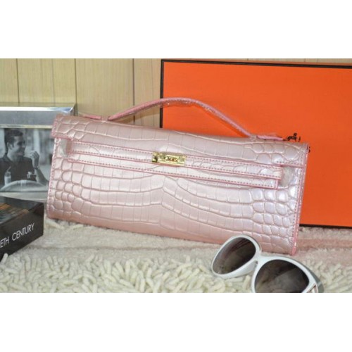 Hermes Kelly Clutch Bag Croco Leather K31 Rosa Claro