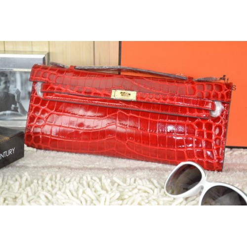 Hermes Kelly Clutch Bag Croco Cuero K31 Rojo
