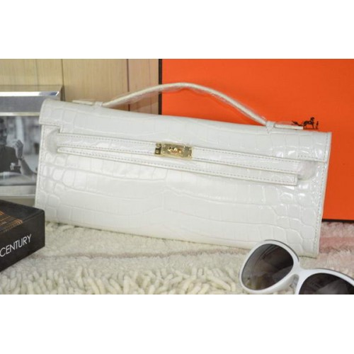 Hermes Kelly Clutch Bag Croco Cuero K31 Blanco