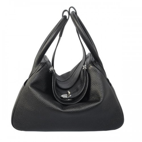 Hermes Lindy 30CM Bolso de hombro Havanne de cuero granulado negro