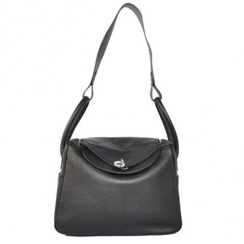 Hermes Lindy 30CM Havanne Bolsos 1057 Negro Cuero Plata Hardware