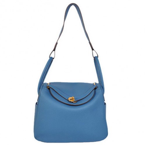 Hermes Lindy 30CM Havanne Bolsos 1057 Azul Cuero Dorado Hardware