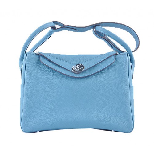 Hermes Lindy 30CM Bolso de hombro de cuero granulado H6207 Azul claro