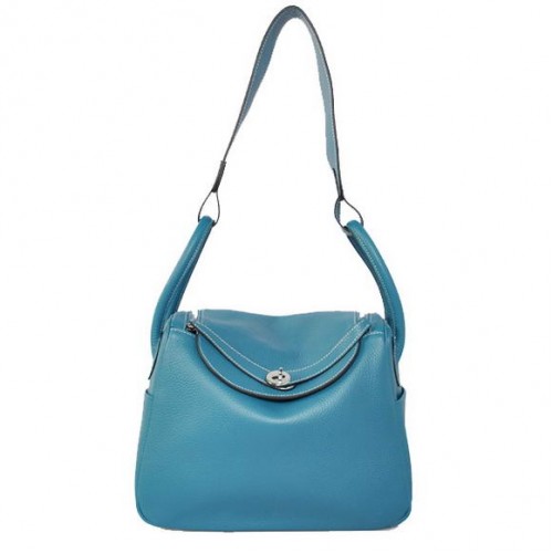Hermes Lindy 30CM Havanne Bolsos 1057 Mid Blue Cuero Plata Hardware