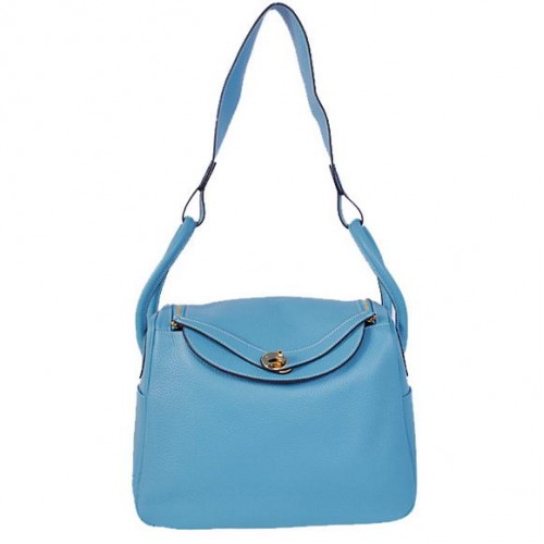 Hermes Lindy 30CM Havanne Bolsos 1057 Cuero azul claro Hardware dorado