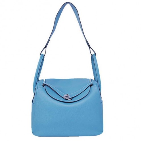 Hermes Lindy 30CM Havanne Bolsos 1057 Hardware de plata de cuero azul claro
