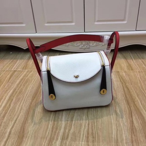 Hermes Lindy 30CM Bolso de hombro de cuero original LD30 Blanco y rojo