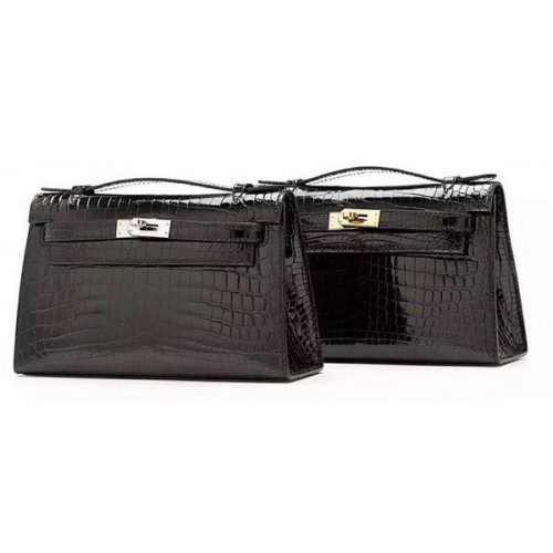 Hermes MINI Kelly 22cm Embrague Croco Cuero KL22 Negro