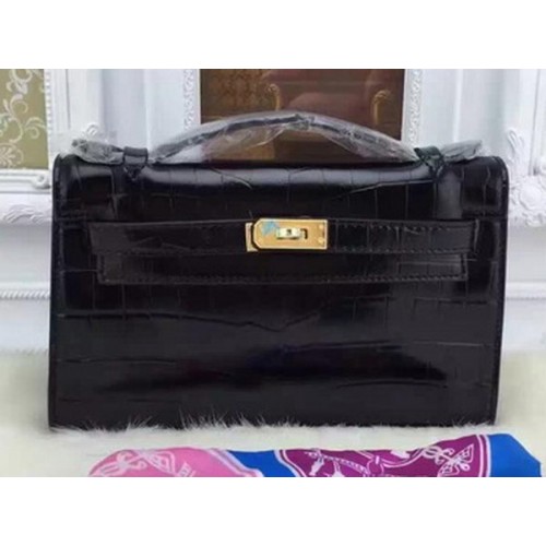 Hermes MINI Kelly 22cm Tote Bag Croco Leather KL22 Negro