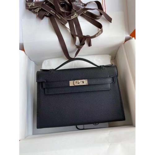 Hermes Original Epsom Leather KEL2278 negro y metal plateado